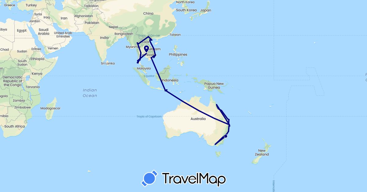 TravelMap itinerary: driving in Australia, Indonesia, Cambodia, Thailand, Vietnam (Asia, Oceania)